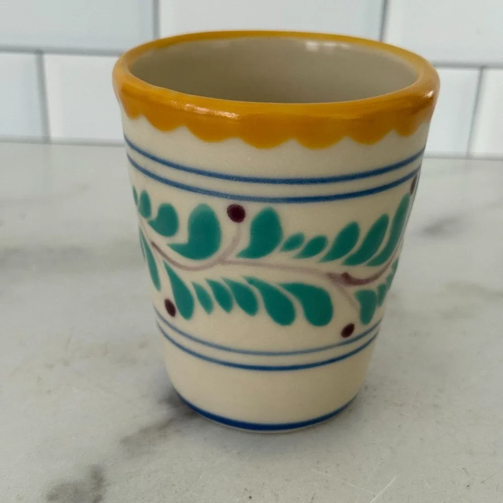 Vintage Hand-Painted Mexican Ceramic Cup With Yellow Rim & Teal Leaf Design